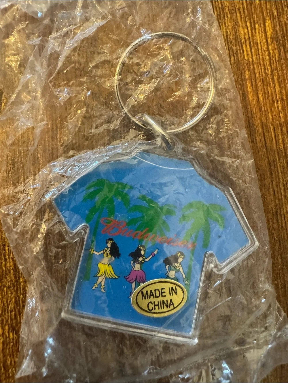 Budweiser Hawaiian Shirt Acrylic Keychain Hula Dancers Palm Trees Beer Promo
